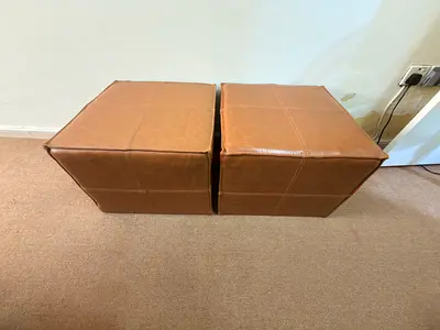 Brown Leather Ottoman Stools (2 Pcs)