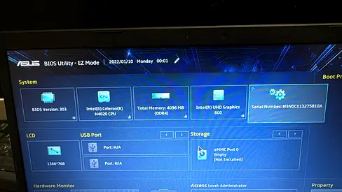 ASUS Laptop - Intel Celeron N4020, 4GB RAM (BIOS screen shown)