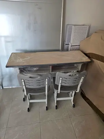 white board and Study table and 2 student chairs set - light grey, good condition