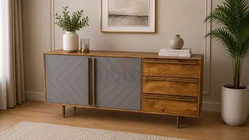 Titan Inlayed Cement Sideboard In Natural Wood And Brass