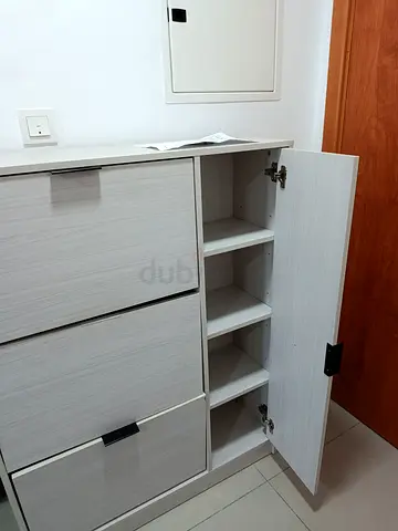 Urgent Sale - Light wood shoe cabinet with side shelving - good condition