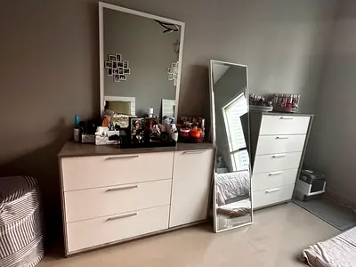 2 twin size beds with mattress, Dresser, Mirror, 5 drawer chest, nightstand, shoe cabinet