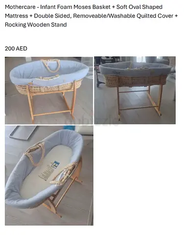 Mothercare infant foam moses basket with removable quilted cover and wooden rocker stand