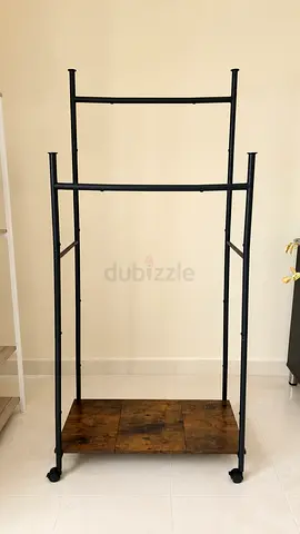 Double-Rail Clothes Rack stand with Wooden Shelf & Wheels