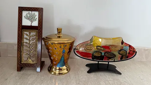 Decorative Gold Peacock Jar and Glass decoration with Stand