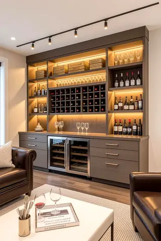 Built-in Home Bar Cabinet with Wine Storage and Glass Display