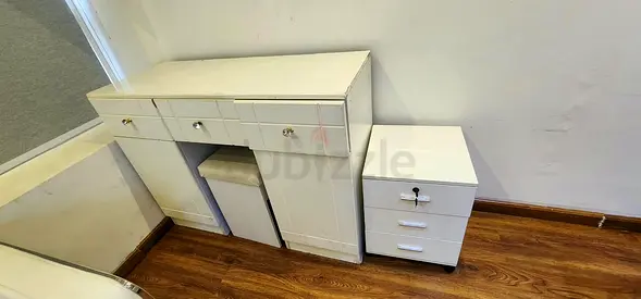 White dressing table with stool and matching 3-drawer bedside cabinet