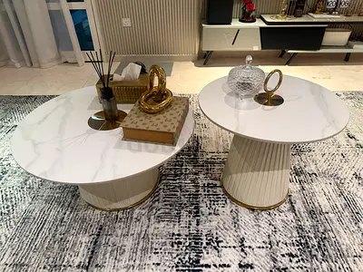 Set of 2 modern white marble-effect coffee side tables with gold trim