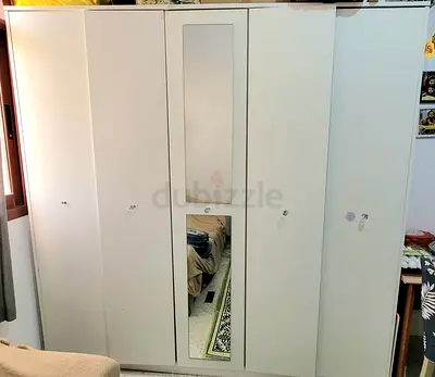White 5-Door Wardrobe with Center Mirror — Good Condition