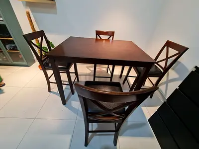 Wooden dining table with 4 chairs - dark brown, good condition
