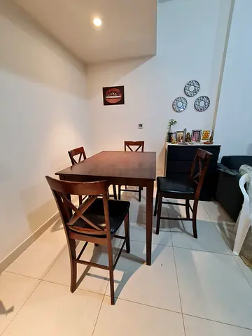 Wooden dining table with 4 chairs - dark brown, good condition