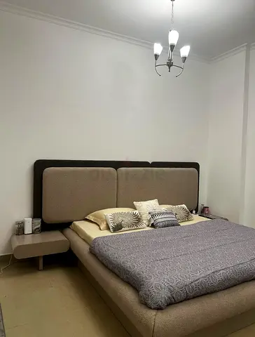 Modern Beige Fabric King Bed, 2 Side Tables + Dresser with LED Light Mirror + Medicated Mattress