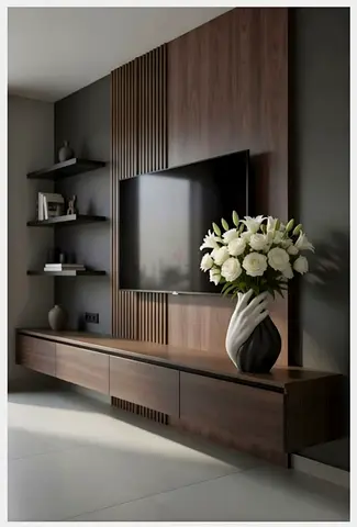 Modern wall-mounted TV entertainment unit with shelves - walnut finish