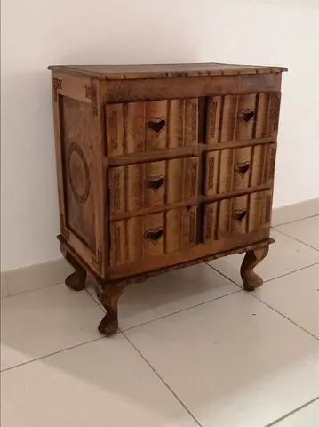 Vintage Hand Carved Solid Walnut Wood Side Table with Drawers