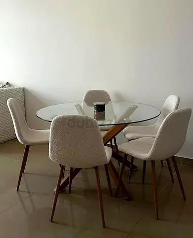 Round Glass Dining Table with 5 Upholstered Chairs (price can be discussed) (serious buyers only)