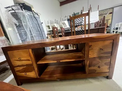 Solid Wood TV Unit Media Console with Drawers & Shelves