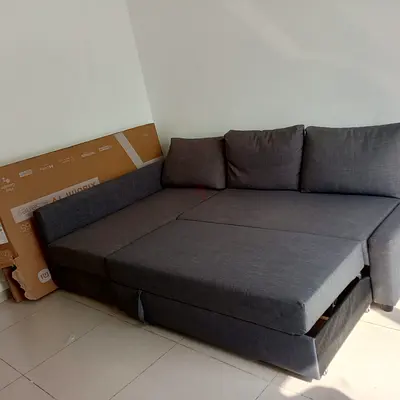 Modern Grey L-Shaped Sofa Bed with Pull-out Mattress