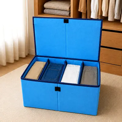 Foldable Fabric Storage Box Chest with Divider (Blue)