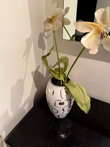 White Decorative Ceramic Vase with Abstract Black Pattern