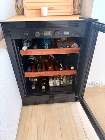 Under-counter wine cooler / mini fridge with wooden racks