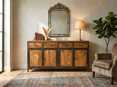 Solid Wood Rustic Sideboard / Console Cabinet - 4 Doors, 4 Drawers
