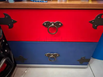 Small Two-Drawer Wooden Chest with Decorative Metal Handles