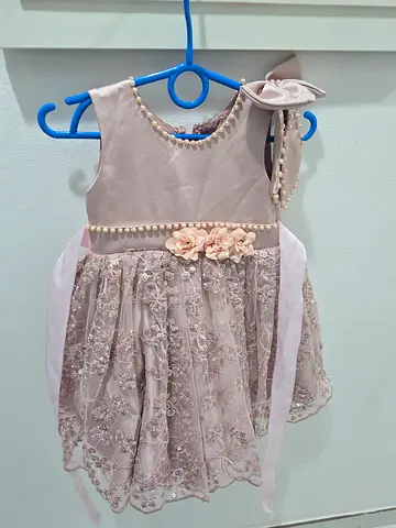 Light pink embroidered baby girl party dress with floral waist detail