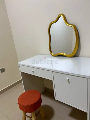 IKEA vanity with mirror and stool