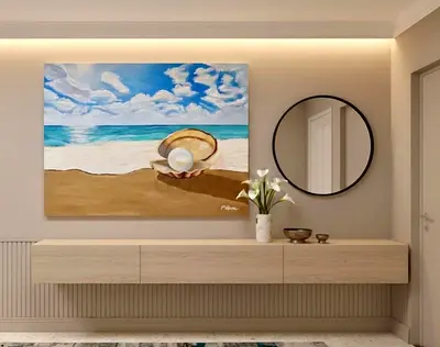 Original Beach Scene Canvas Painting with Pearl and Oyster Original Oil Painting – Coastal Beach
