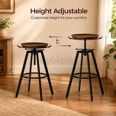 Set of 2 Height-Adjustable Industrial Bar Stools with Wooden Seats
