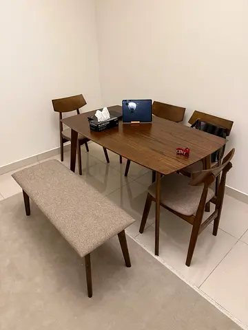 Solid Wood Dining Table with 4 Chairs and Bench - Midcentury Style