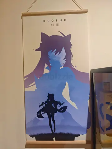 Keqing Genshin Impact fabric wall scroll - blue silhouette