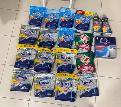 Collection of Finish and Fairy Dishwasher Detergent and Salt