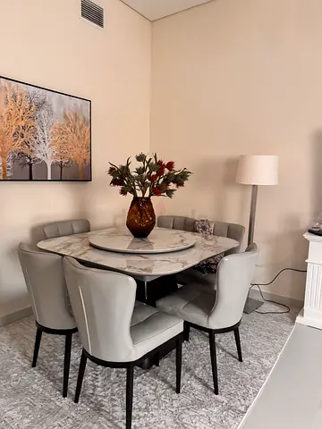 Round Marble-Top Dining Table with 6Grey Upholstered Chairs