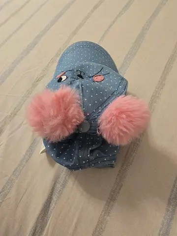 Cute denim-style kids cap with pink faux fur pom-poms (like new)