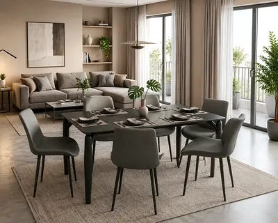 Modern 6-Seater Dining Table Set – Black Marble Top with Grey Chairs