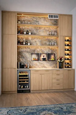 Built-in wooden home bar and wine cabinet with shelving