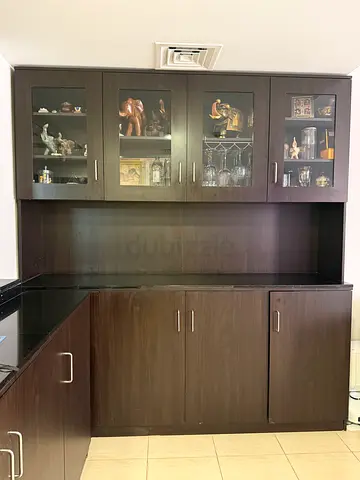 Dark Wood Display Cabinet with Glass Doors and Storage Base