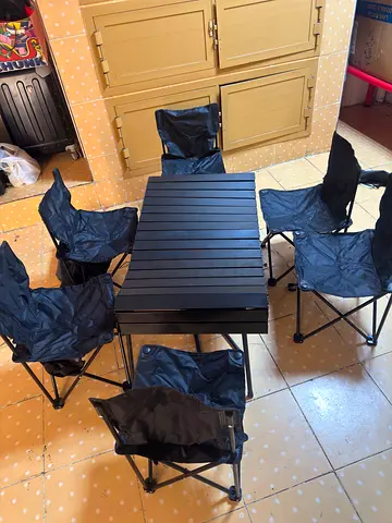 Portable Folding Camping Table with 6 Compact Folding Chairs - Black and tent