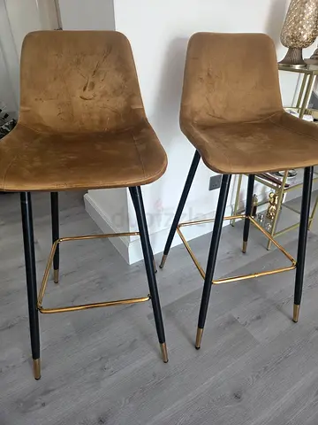 Set of 2 Gold Velvet Bar Stools with Black & Brass Legs aed 200 for set of 2