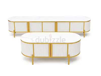 Marble-Top Gold TV Unit and Matching Coffee Table Set