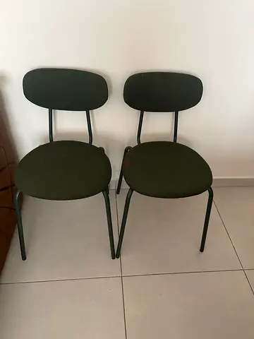 Set of 2 simple metal dining chairs with green fabric seats