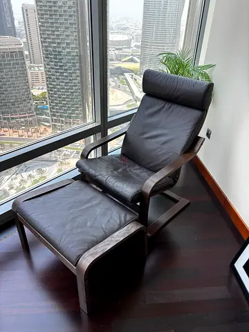IKEA POÄNG leather armchair with ottoman — dark brown, good condition