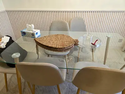 Glass Dining Table with 4 Beige Chairs - Good Condition
