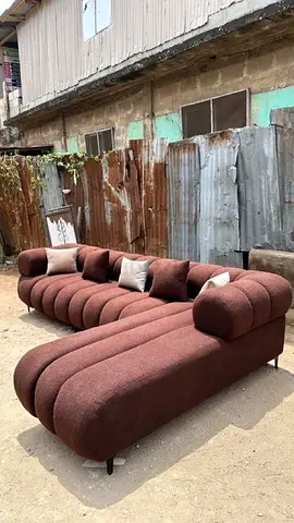 Modern Brown L-Shape Sofa with Decorative Pillows