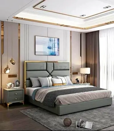 Modern upholstered king bed with padded headboard