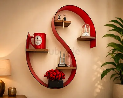 Red S-shaped Wall Shelf with Wooden Shelves - Decorative Display Unit