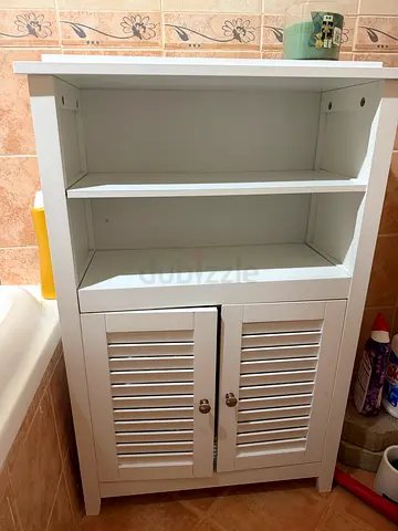 White Wooden Bathroom Storage Cabinet with Shelves and Louvered Doors