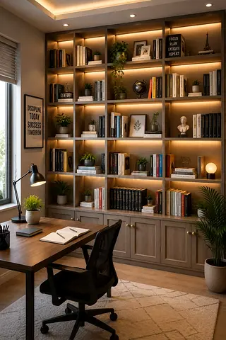 Large Built-in Wooden Bookcase with Integrated Lighting