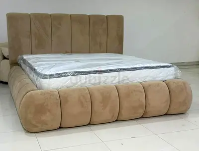 Beige Velvet Modern King Bed Frame with Padded Headboard (Like New)
